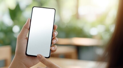 Person Holding Smartphone with Blank Screen in Cafe