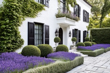 Obraz premium Colorful lavender blooms complement manicured hedges and elegant architecture in a serene garden setting during sunny daylight