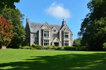 Historic stone mansion surrounded by lush greenery on a bright sunny day showcasing classic architectural features and expansive grounds