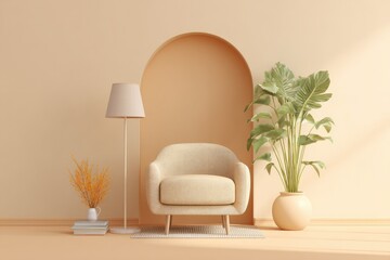 A minimalist room features a beige armchair, floor lamp, potted plant, and arched wall niche, all in muted earth tones, bathed in soft sunlight
