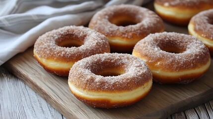 Sweet, sugared treats on a wooden board.
