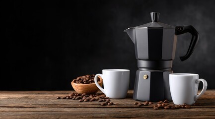 A black stovetop espresso maker sits on a rustic wooden surface next to two white espresso cups and a bowl of coffee beans against a dark background