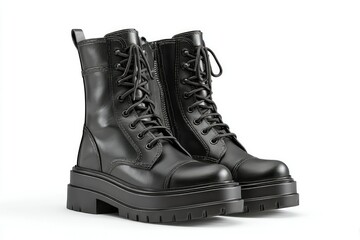 A pair of sleek, black leather combat boots with chunky soles, lace-up fronts, and side zippers, displayed against a stark white background
