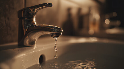 Close-up of Water Dripping from a Chrome Faucet into a Sink