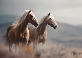 Obraz premium Digital Wild Ethereal Mustang Companions in Soft-Focus Landscape - Natures Resilience and Freedom Visual Storytelling for Eco-Conscious Branding