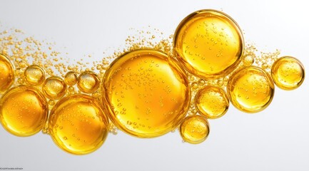 Golden oil droplets, varying sizes, suspended in a fluid, forming a flowing, wave-like pattern against a light grey background; tiny bubbles interspersed throughout