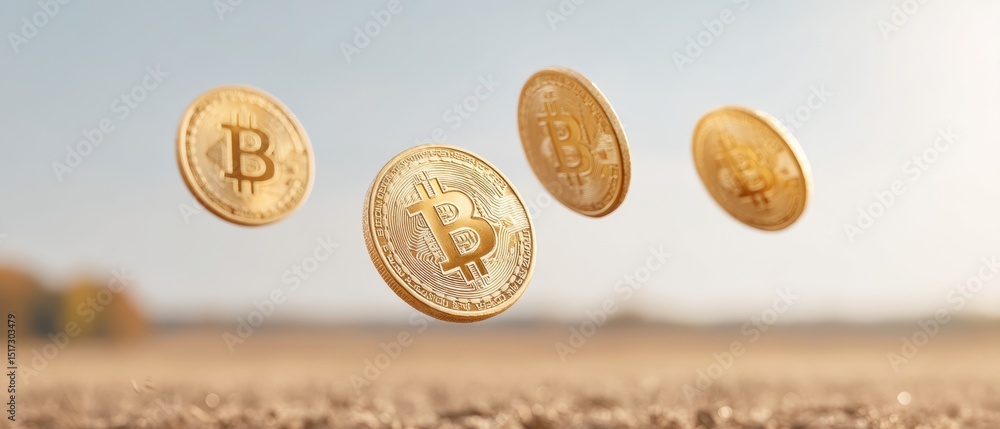 Poster floating cryptocurrency revolution bitcoin coins suspended in minimalist landscape - digital finance