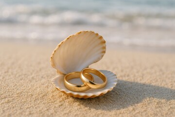 Wedding Rings in Seashell on Beach Sand