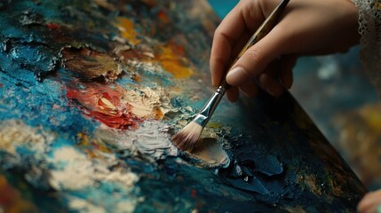 A hand delicately mixes oil paints on a palette, preparing for artistic creation