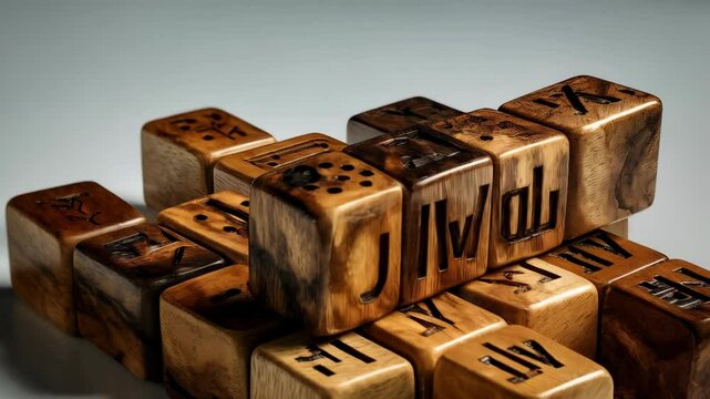 Set of wooden dice or blocks with engraved symbols arranged in a pile, studio lighting