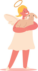 Cute girl angel holding lamb