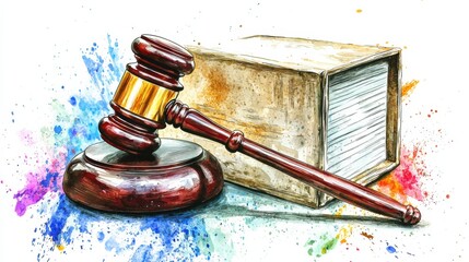 Legal justice concept with a gavel and law book symbolizing law, courtroom authority, legal proceedings, justice system, and judicial decisions in a colorful artistic style