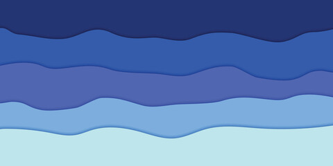 Layered blue waves abstract background in paper cut style with smooth curves