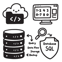 Cute Hand-Drawn Cloud Computing and Database Illustration