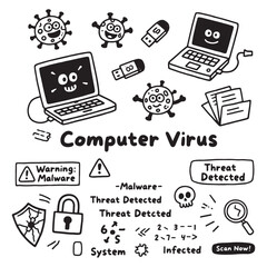 Cartoon Computer Virus and Cybersecurity Warning