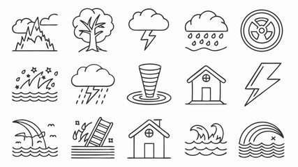 A modern outline icon set highlighting natural and meteorological threats—flooded homes, thunderclouds, tidal forces, and electric storms for informative graphics, mobile apps, and public signage.