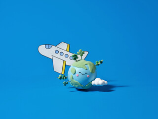 A charming globe smiles next to a cartoon airplane