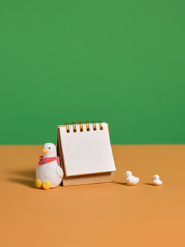 Clay duck figurine with two tiny ducklings beside a note
