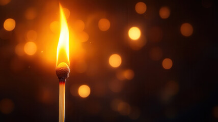 Close up of burning matchstick with bright flame and glowing embers, against dark background with bokeh light effects creating warm and cozy atmosphere