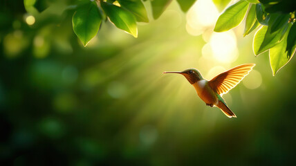 Colorful hummingbird flying lush green environment with sunlight filtering through leaves, creating serene and vibrant scene. bird wings are spread wide, showcasing its delicate feathers