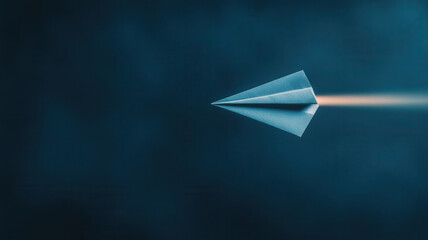 Minimal closeup of paper airplane in motion with blurred background, creating sense of speed and direction, evoking feelings of adventure and aspiration