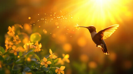 Hummingbird flying in warm sunlight with flower in its beak, surrounded by glowing bokeh and sparkles, creating magical and vibrant scene of nature and sunlight