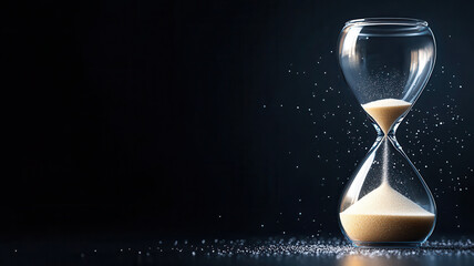 Glass hourglass with sand flowing inside, illuminated against dark background, creating sense of time passing and urgency, with scattered sand particles around, evoking reflection and fleeting