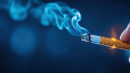 Closeup of lit cigarette with burning tip and smoke rising, held by person fingers against dark background, emphasizing act of smoking and glowing ember