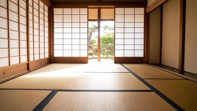 Traditional japanese room interior with tatami mats, shoji sliding doors and a view to a lush garden, filled with light and serene atmosphere