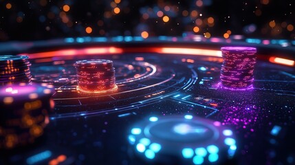 A sci-fi poker game with glowing quantum chips and digital betting interfaces 