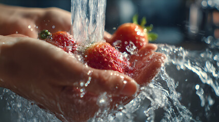 Washing Fresh Strawberries Under Running Water