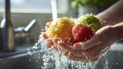 Washing Fresh Fruit Lemons, Strawberries, and Limes Under Running Water