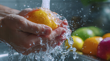 Fototapeta premium Washing Fresh Fruit Under Running Water A Close-Up View