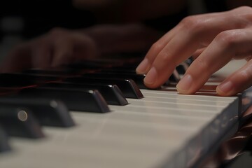 Fototapeta premium Closeup of Hands Playing Piano Keys: A Musical Performance Capture