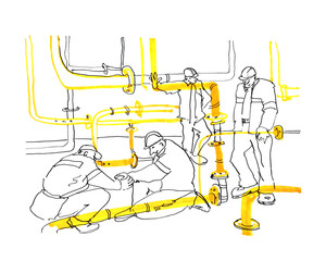 Watercolor and ink illustration of Factory Workers in Action