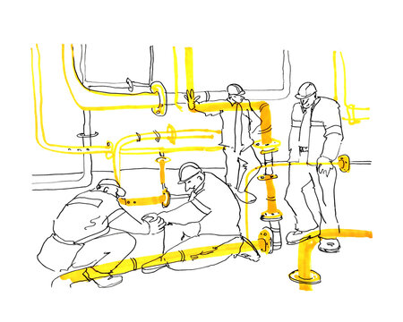 Watercolor and ink illustration of Factory Workers in Action