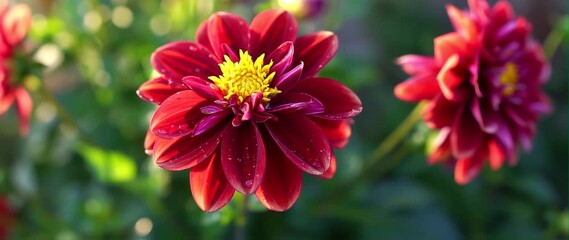 Anamorphic video dewdrops glistening on a dahlia flower at sunrise - Powered by Adobe