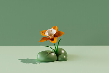  Single cartoon daffodil flower in stylized garden