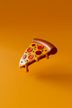  Floating dripping pizza slice on orange background