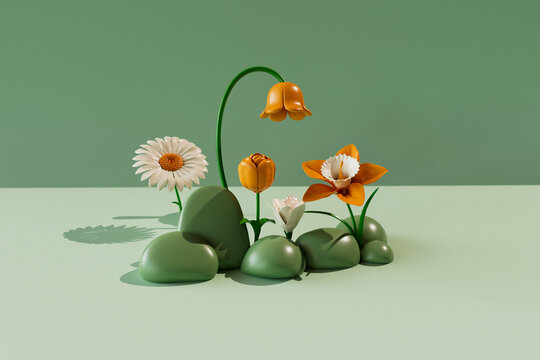  Cartoon flower garden with green rocks and daffodils