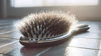 Close-up of a Hairbrush with Bristles Covered in Hair