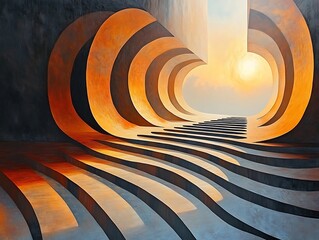 Abstract painting featuring orange arches leading to bright light at the end