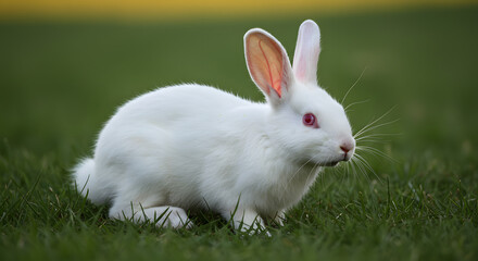 Fototapeta premium White rabbit sitting on green grass