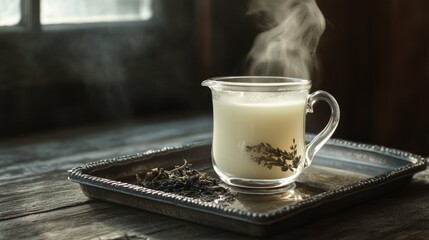 Steaming herbal tea in a glass pitcher on a rustic tray