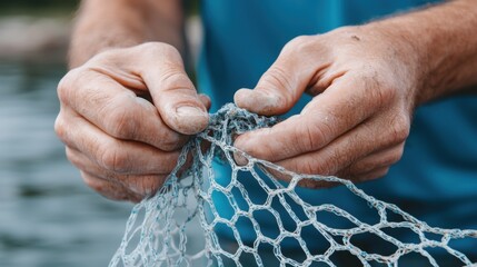 Fisherman's Hands Repairing Net Closeup