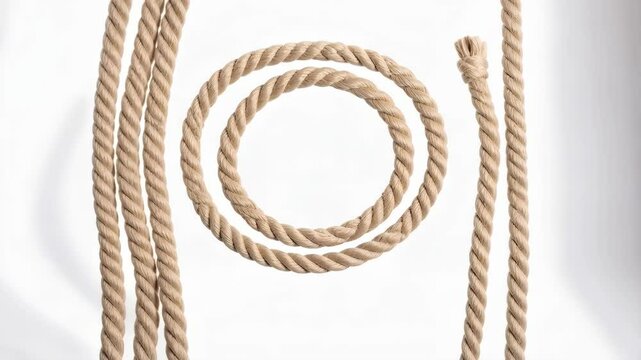 Arrangement of thick natural fiber ropes, including a circular coiled shape against a plain white studio background