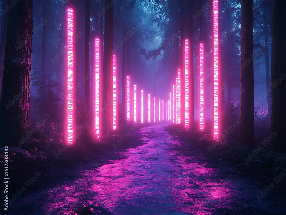 Poster enigmatic forest path illuminated by fluorescent columns and tranquil ambiance