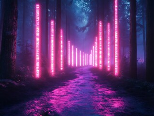 Enigmatic Forest Path Illuminated by Fluorescent Columns and Tranquil Ambiance
