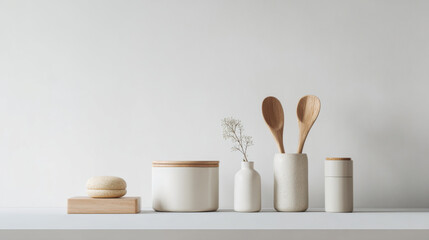 collection of stylish kitchen accessories arranged on clean ultrabright white background