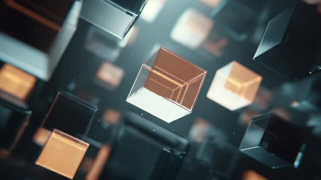 Floating golden and silver cube structures in motion, set against a futuristic interface background, representing blockchain, data security, and quantum computing